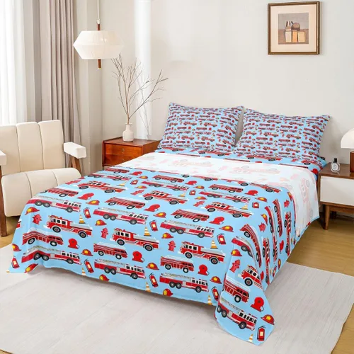 Vista 15 de Erosebridal Juego de sábanas de automóvil de dibujos animados para niños, juego de ropa de cama de camiones, tamaño individual, sábana bajera