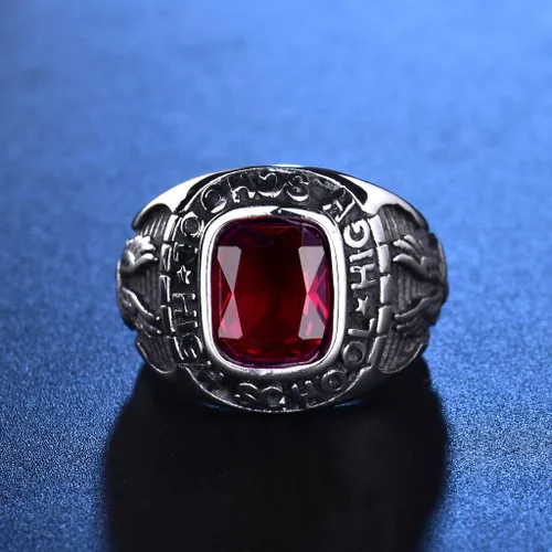 Vista 2 de Retro Eagle Red Ruby Color Crystal Anillos de escuela secundaria de acero inoxidable para hombres tono plateado tamaño 8-15