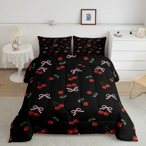 Vista 2 de Feelyou Juego de ropa de cama con lazos bonitos y cerezos, tamaño individual, para niños, juego de edredón con lazos de acuarela para niños, niñas