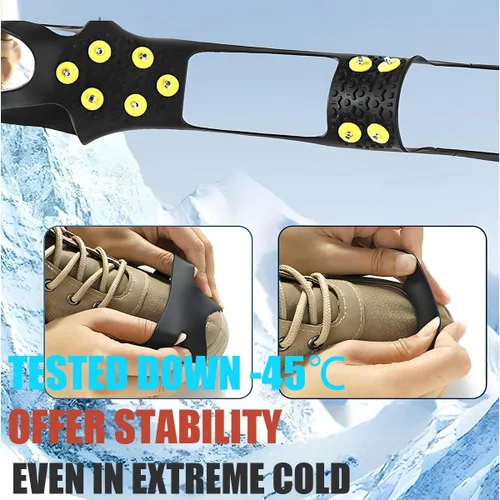 Vista 6 de Tacos de hielo para zapatos y botas, agarre de tacos de tracción de nieve de hielo, pinzas antideslizantes para zapatos, 10 picos de goma de acero