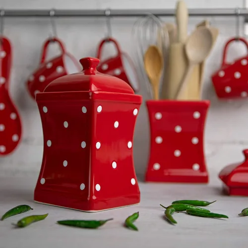 Vista 6 de Juego de 10 recipientes de cerámica hechos a mano con lunares rojos y blancos, recipientes grandes y pequeños, mantequilla, tazas de huevo, salero