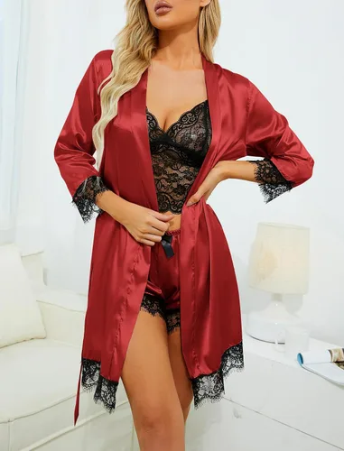 Vista 3 de LYANER Conjunto de pijama de 4 piezas para mujer con ribete de encaje floral satinado con bata