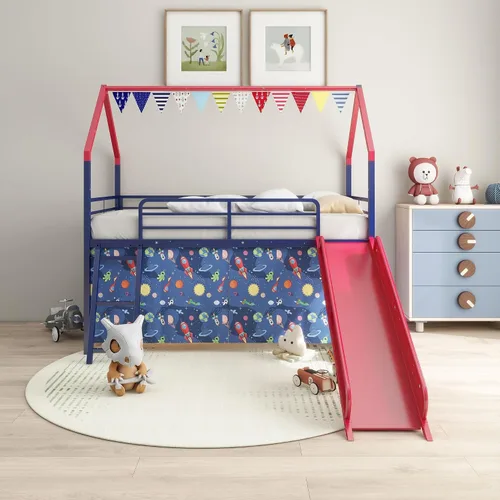 Vista 9 de Cama tipo loft de metal tamaño individual con tobogán y cortina, cama tipo loft con escalera y riel de seguridad, marco de cama tipo loft para niños