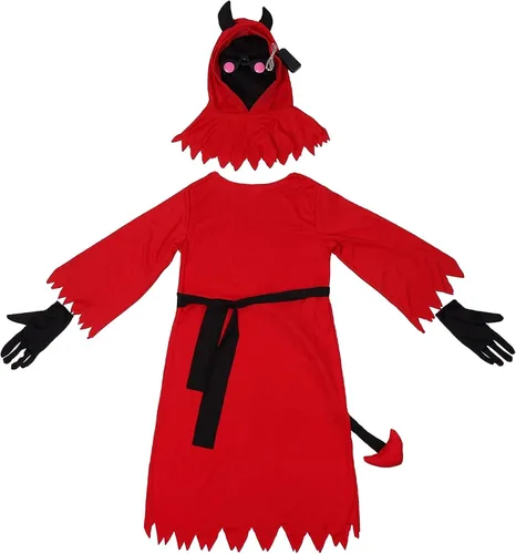 Vista 4 de Disfraz de Halloween de miedo disfraz de parca roja sombría disfraz de demonio para niños y niños con ojos rojos brillantes y tenedor del diablo