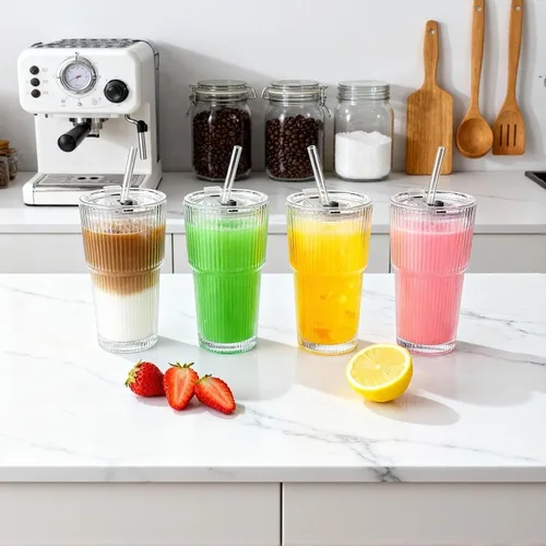 Vista 3 de Vaso de vidrio acanalado de 20 onzas, tazas de café helado con tapas y pajitas, vaso grueso reutilizable para llevar, ideal para café, batidos