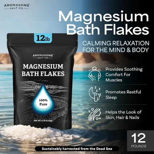 Vista 2 de Aromasong Escamas de magnesio del mar Muerto, bolsa negra resellable de 12 libras, sales de baño de cloruro de magnesio relajantes musculares