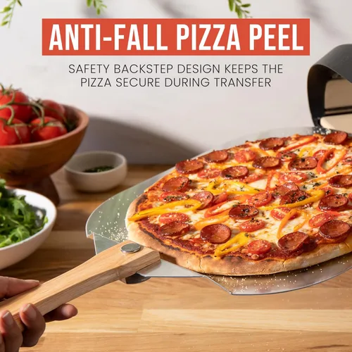 Vista 6 de Pomodoro pala para pizza de aluminio con asa de madera plegable para guardar fácilmente, de 12" x 14", para cocinar pan y pizzas en el hogar