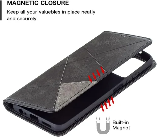 Vista 4 de Funda con tapa para Xiaomi Redmi Note 10 4G/Note 10S, patrón de rombos de cuero de primera calidad, función atril, cierre magnético, color negro