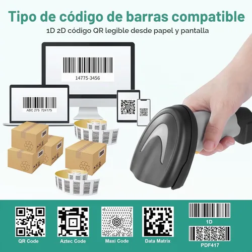 Vista 2 de Escáner de código de barras, escáner de código QR de mano conexión con cable USB 1D 2D y PDF417 Matriz de datos Lector automático de códigos