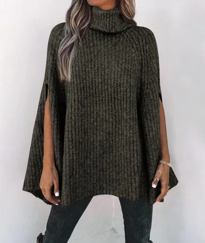 Vista 3 de KIRUNDO 2023 - Suéter tipo poncho de cuello alto para mujer, suéter de punto grueso a la moda, suéter de punto envolvente, suéter sin botones