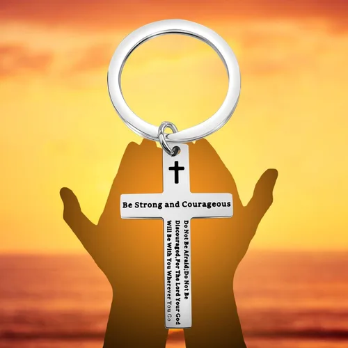 Vista 6 de Llavero cristiano Be Strong and Courageous Joshua 19 con versículo bíblico para perro, joyería religiosa