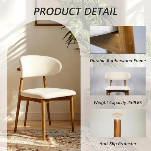 Vista 5 de Sillas de comedor tapizadas modernas, asiento de tela beige con patas de madera, sillas auxiliares de cocina contemporáneas, juego de 2