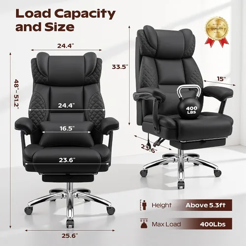 Vista 2 de Silla de oficina grande y alta, silla de computadora de escritorio con reposapiés para personas pesadas, silla ejecutiva de juegos de gran