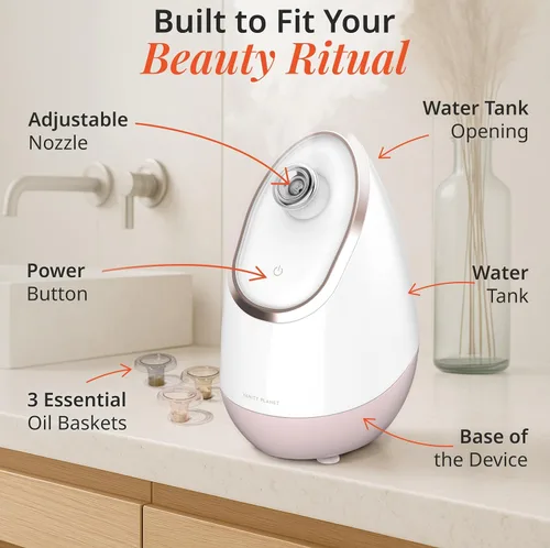 Vista 11 de Vanity Planet Aira - Vaporizador facial iónico (beige) – Limpiador de poros que desintoxica, limpia e hidrata – Boquilla ajustable, tanque de agua