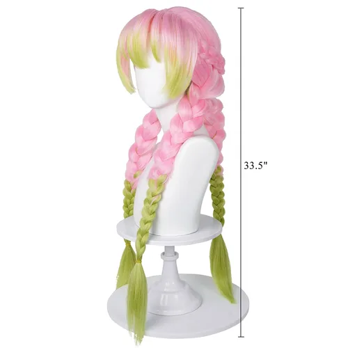 Vista 4 de Peluca SL para disfraz de cosplay Mitsuri, DS verde y rosa, con gorro