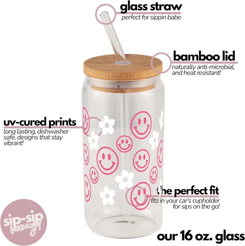 Vista 2 de Sip-Sip Hooray! Smiley Daisy - Taza de vidrio de 16 onzas con tapa y pajilla, vaso de café helado floral retro, bonito regalo personalizado