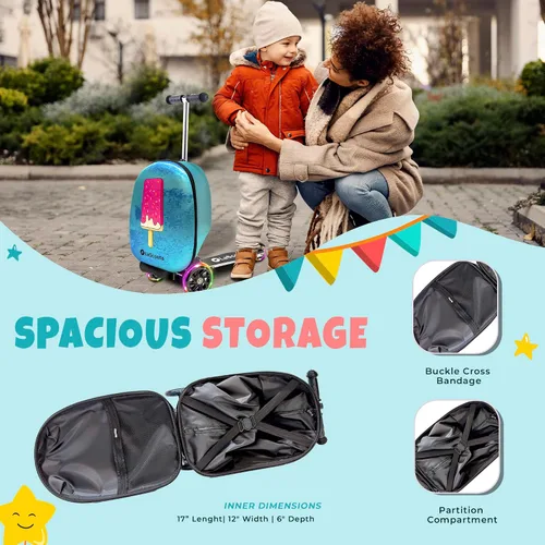 Vista 8 de Lascoota Maleta de scooter, equipaje plegable para niños, equipaje ligero para niños con ruedas, luces LED, maleta gráfica, maleta para niños