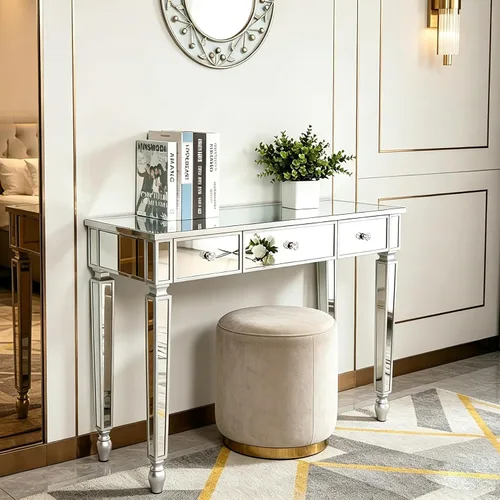 Vista 3 de Henf Mesa de consola con espejo, mesa de tocador de maquillaje, mesa de entrada plateada de 3 cajones para mujeres y niñas, entrada, hogar, oficina
