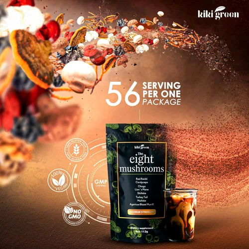 Vista 4 de KIKI Green Paquete de 8 hongos y polvo Shroomo – Complejo adaptogénico de hongos y alternativa de café de hongos para concentración, energía