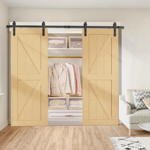 Vista 5 de ROOMTEC Kit de herrajes para puerta corrediza de granero de 8 pies, kit de riel para puerta doble, resistente, polea J básica, se desliza suavemente