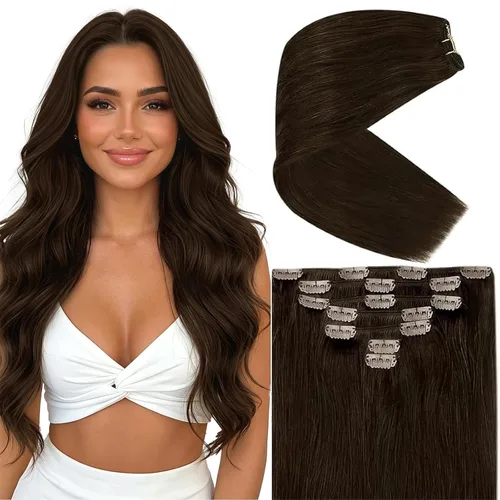 Vista 9 de Ve Sunny Extensiones de cabello clip-in de cabello humano real con reflejos, extensiones de cabello con clip para cabello corto, marrón oscuro
