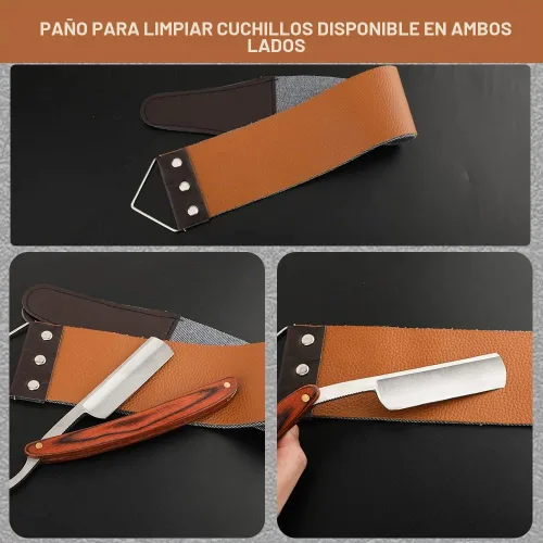Vista 3 de Navaja de afeitar recta con estropajo - Afeitadora profesional de borde recto de acero inoxidable premium para barbero con estropajo para aseo
