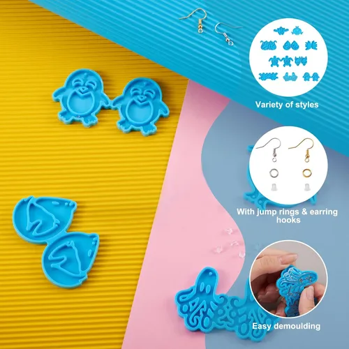 Vista 2 de KISSITTY Moldes de silicona para aretes con temática de animales, lobo, gato, pájaro, rana, pato, pulpo, colgante, moldes de fundición de resina