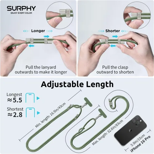 Vista 6 de SURPHY Cordón para teléfono, correa cruzada ajustable para teléfono con 2 pestañas de amarre para teléfono celular, hebillas de metal de alta