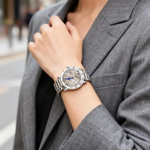 Vista 2 de Gute IK - Reloj automático para mujer, Steampunk con cuerda automática, pulsera plateada mecánica