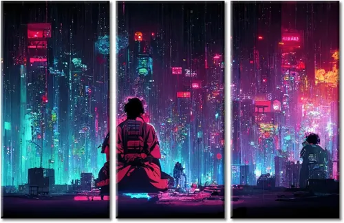 Vista 37 de Arte de pared de 3 piezas de escena de ciencia ficción de la calle comercial futurista paisaje urbano, decoración de pared para dormitorio