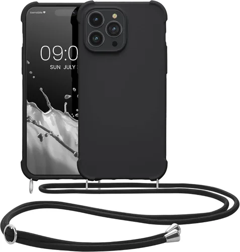 Vista 8 de kwmobile Funda cruzada compatible con Apple iPhone 14 Pro Max, funda de silicona TPU con correa, color negro