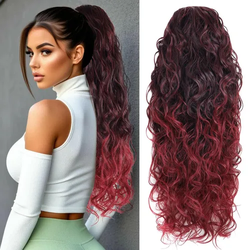 Vista 13 de Icono de la moda - Extensión de cola de caballo rizada ondulada con clip, cabello real, cola de caballo negra, extensiones de cordón con clip