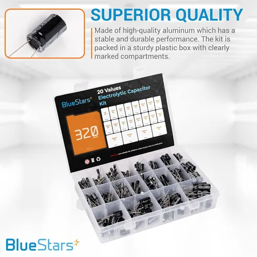 Vista 4 de BlueStars, variedad de condensadores electrolíticos de aluminio, 20 valores, 320 unidades, rango 1uF－2200uF