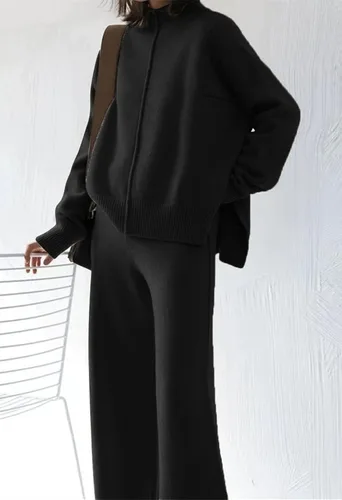 Vista 2 de AOHITE Conjunto de 2 piezas para mujer, suéter de punto de manga larga y pantalones de pierna ancha