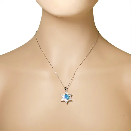 Vista 2 de Colgante de plata de ley 925 con circonita cúbica blanca y circonita cúbica de imitación de ópalo azul, diseño de estrella judía de David, 18.0in