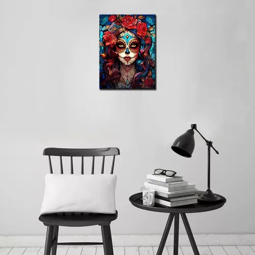Vista 4 de Pintura de diamantes de calavera de azúcar 5D, kit de numeración, arte del día de la muerte, arte de pared de rosa roja, arte de pared con diamantes