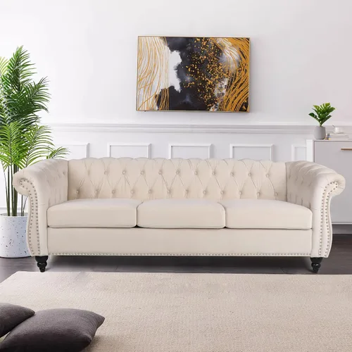 Vista 17 de LEVNARY Sillón Chesterfield de Terciopelo, Sillón Individual de Estilo Moderno de Mediados del Siglo con Respaldo de Botones y Decoración con Beige