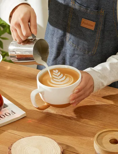 Vista 6 de Teocera Juego de 4 tazas de café color beige, taza de café de cerámica de 16 onzas, juego de tazas grandes con asa para bebidas frías o calientes