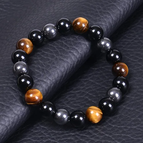 Vista 25 de DHQH Triple Protection Bracelet 8/10MM Hematite Black Agate Tigers Eye Stone Bracelet Crystal Jewelry Healing Bead Bracelets for Men Bring Luck