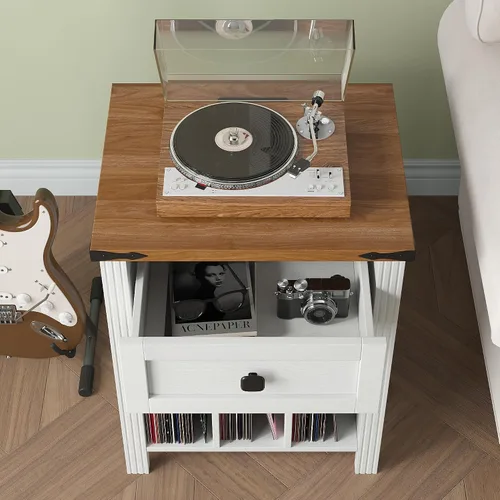 Vista 4 de Soporte para tocadiscos con almacenamiento de discos de vinilo, soporte para tocadiscos con estación de carga, soporte de madera para discos