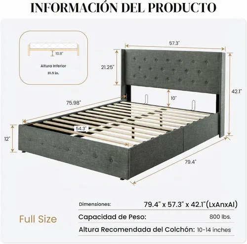 Vista 2 de SHA CERLIN Base de cama de tamaño completo con almacenamiento abatible, cabecera abombada con botón acolchado, plataforma tapizada, almacenamiento