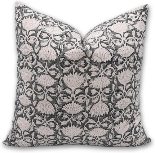 Vista 9 de Funda de cojín elegante de lino blanco roto con estampado de bloque a mano, 14 x 14 pulgadas, con cremallera invisible para sofá, cama, sala de Negro