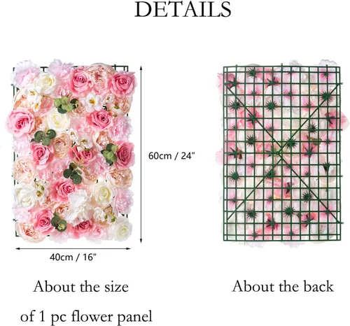 Vista 9 de NUPTIO Panel de pared de flores para telón de fondo: 12 piezas de 24 x 16 rosas artificiales blancas y rosas de imitación para decoración de bodas