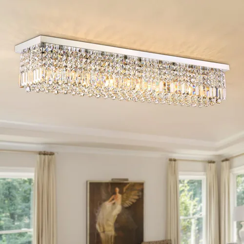 Vista 12 de Araña rectangular, con gotas de cristal, de Siljoy, iluminación moderna, montaje empotrado en el cielorraso, aplique de luz, Blanco, Siljoy-411
