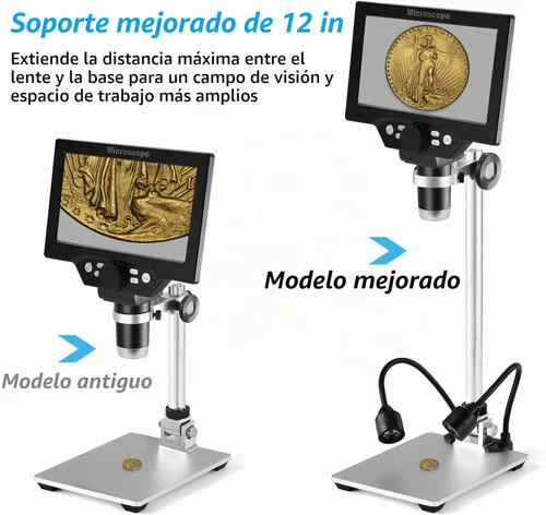 Vista 2 de Koolertron Soporte de microscopio digital LCD, brazo de extensión de aluminio de 12 pulgadas con 2 luces de llenado, soporte de enfoque manual