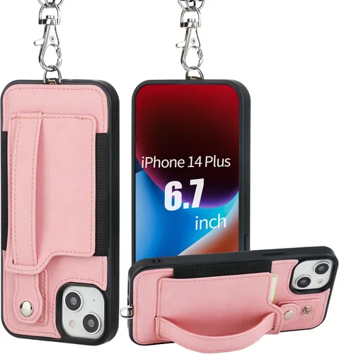 Vista 11 de TOOVREN Funda para teléfono compatible con iPhone 14 Plus, compatible con iPhone 14 Plus, funda con correa para tarjetero, cordón de cuero para Negro