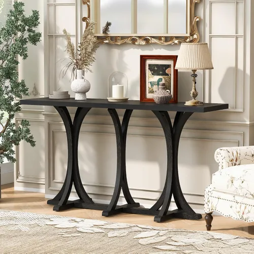 Vista 2 de Mesa de consola de madera de 152 cm con tapa de chapa de roble y patas curvadas delgadas de madera de goma, elegante mesa de sofá para sala