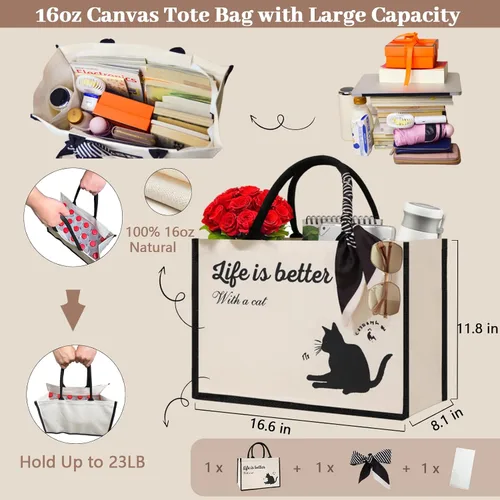 Vista 3 de Cute Tote Bags, 16Oz, 3 Pockets, Cat Large Canvas Tote Bags for Women, Anti-Scratch Lining Large Tote Bag with Zipper
