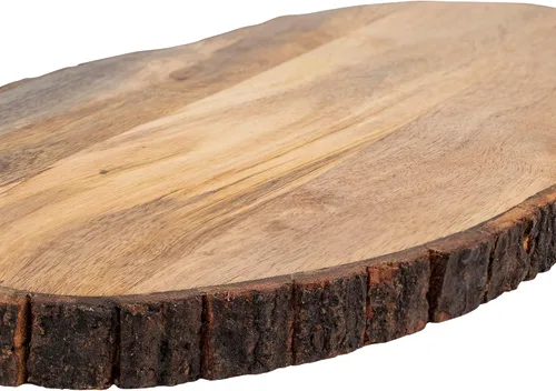 Vista 3 de GoCraft Tabla de cortar ovalada de madera con borde de corteza de árbol Tabla de cortar de madera de mango con borde vivo, preparación y servir