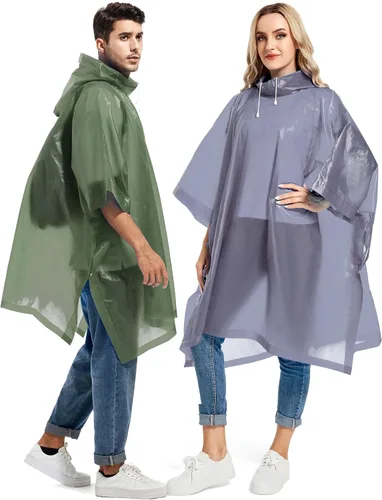 Vista 33 de Paquete de 2 ponchos de lluvia para adultos, reutilizables, impermeables, de supervivencia, emergencia, resistente, con capucha con cordón